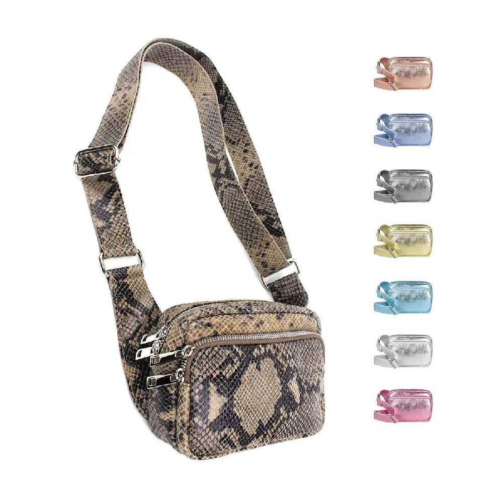 OBC Made in Italy Damen Leder Tasche Crossbody Metallic Hüfttasche Bauchtasche Umhängetasche Bodybag Schultertasche Handytasche Gürteltasche