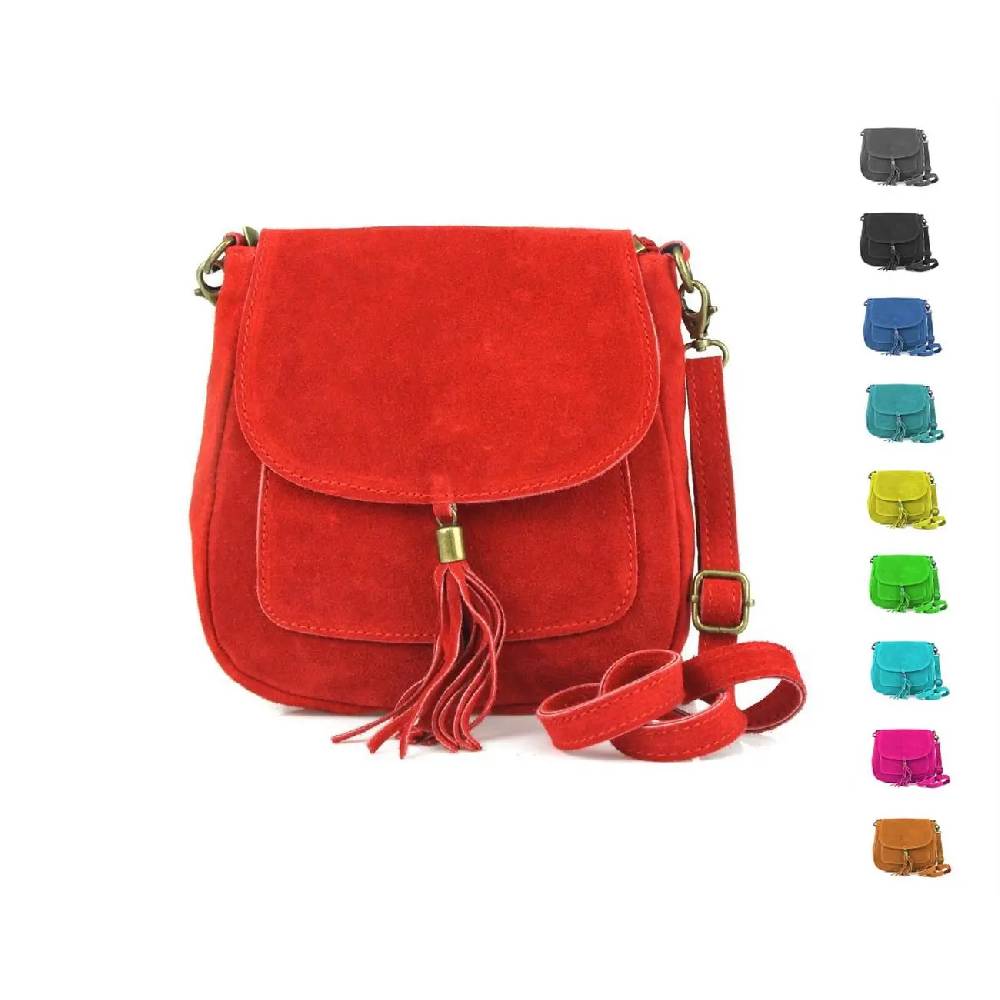 Made in Italy DAMEN LEDER TASCHE Messenger Bag Henkeltasche Wildleder Handtasche Umhängetasche Ledertasche Schultertasche Beuteltasche Fransen Cross-Over