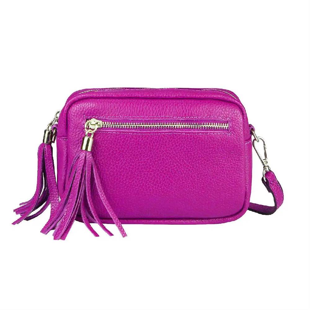 OBC Made in Italy DAMEN LEDER TASCHE Umhängetasche Schultertasche Beuteltasche Cross-Over Cross Bag Glattleder Schmucktasche Fransen Ledertasche Outlet