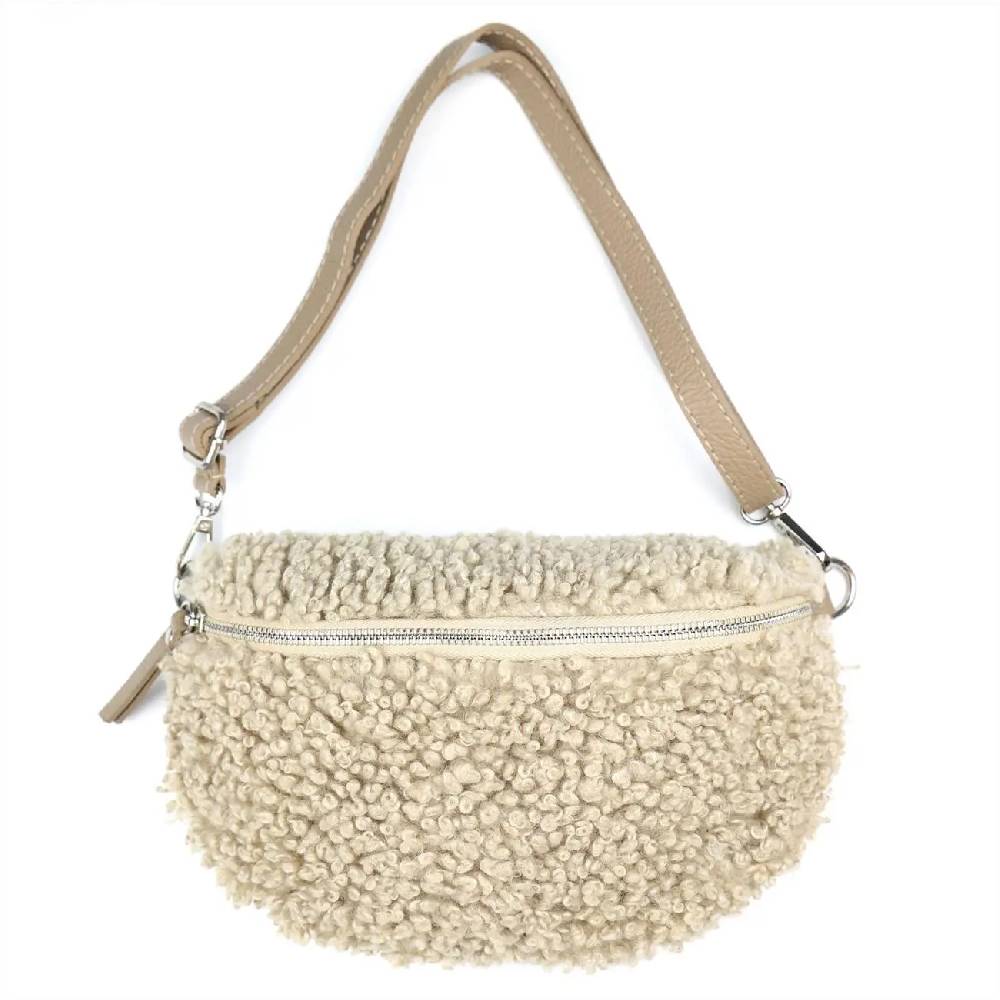 OBC Made in Italy Damen Teddyfell Tasche Leder Jeans Plüsch Bauchtasche Hüfttasche Schultertasche Bodybag Umhängetasche Crossbody Teddyplüsch Handytasche Crossbag Gürteltasche Schlussverkauf