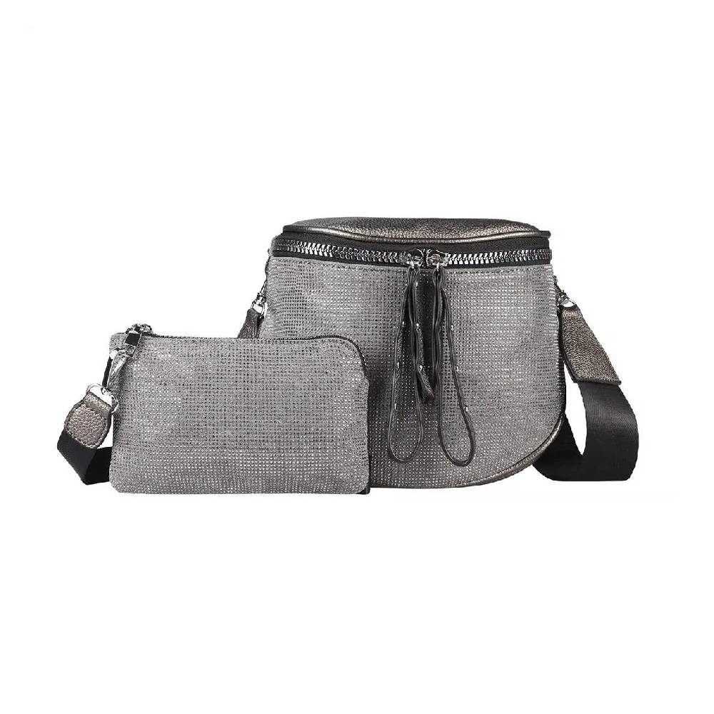 DAMEN TASCHEN SET 2in1 Schultertasche + Schmucktasche Strasssteine Umhängetasche Crossbody Crossover Leder Optik Handtasche Metallic Shopper Verkauf