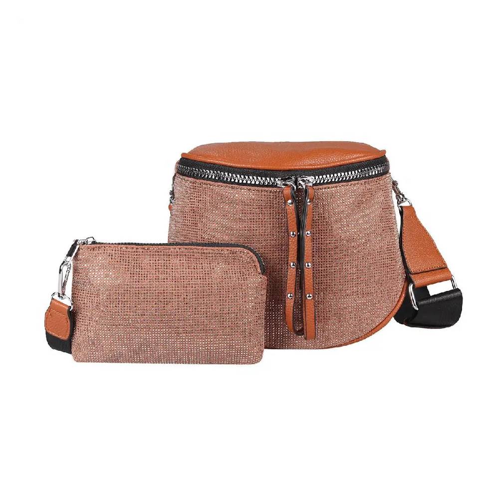 DAMEN TASCHEN SET 2in1 Schultertasche + Schmucktasche Strasssteine Umhängetasche Crossbody Crossover Leder Optik Handtasche Metallic Shopper Verkauf