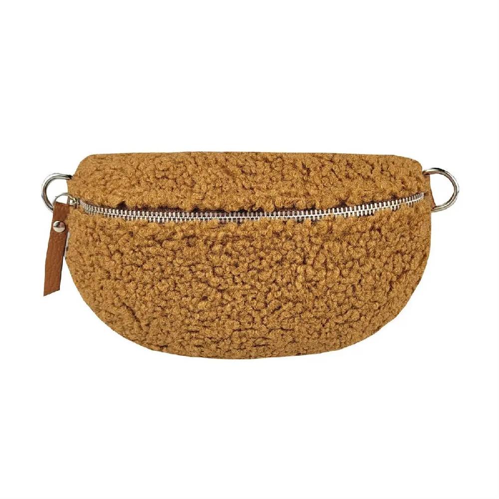 Made in Italy DAMEN LEDER Gürteltasche Crossbody Teddyfell Bauchtasche Hüfttasche Kunstfell Umhängetasche Brusttasche CrossOver Bodybag Schultertasche Teddy Pelz Fell Plüsch Schlussverkauf
