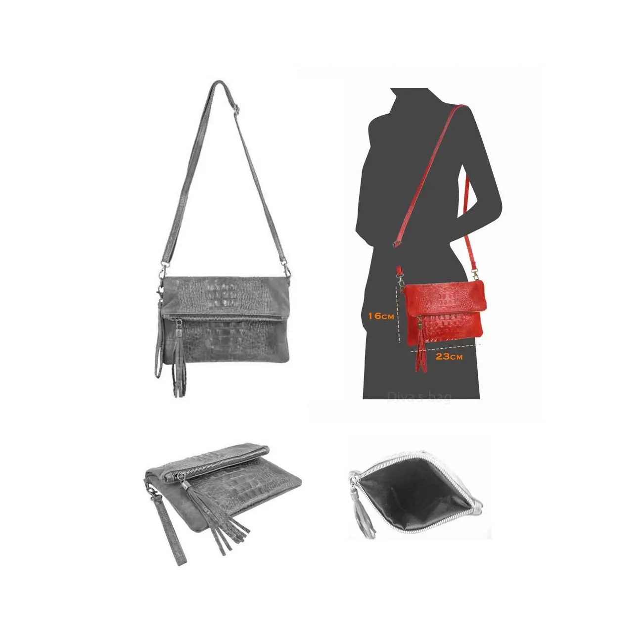 OBC Made in Italy DAMEN echt LEDER Clutch TASCHE Kroko Wildleder Handtasche Umhängetasche Ledertasche Schultertasche Fransen Cross-Over Blitzverkäufe