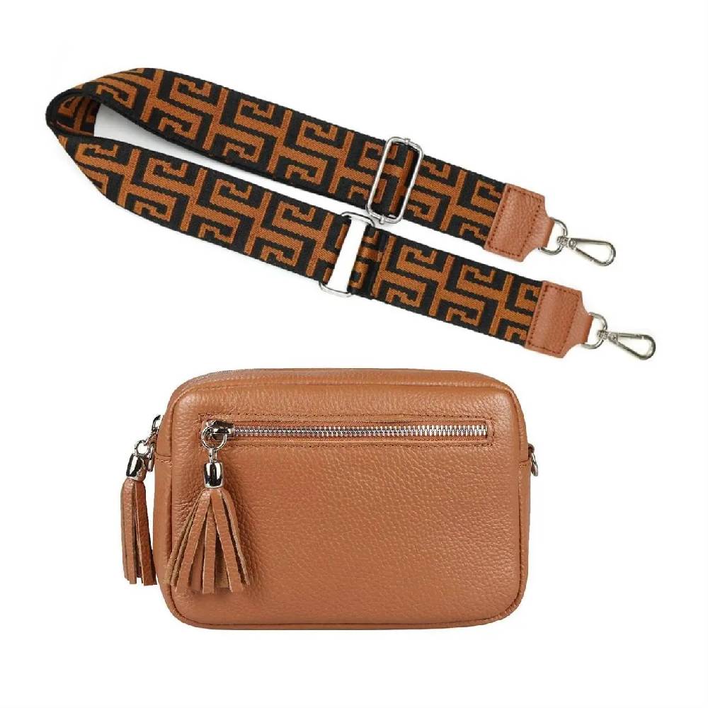 OBC Made in Italy DAMEN LEDER TASCHE mit extra breitem Zusatz Tragegurt Umhängetasche Schultertasche Beuteltasche Cross-Over Cross Bag Glattleder Schmucktasche Fransen Ledertasche Letzte 3 Tage