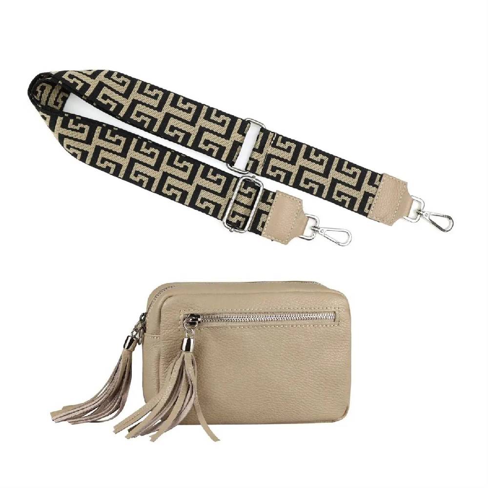 OBC Made in Italy DAMEN LEDER TASCHE mit extra breitem Zusatz Tragegurt Umhängetasche Schultertasche Beuteltasche Cross-Over Cross Bag Glattleder Schmucktasche Fransen Ledertasche Letzte 3 Tage