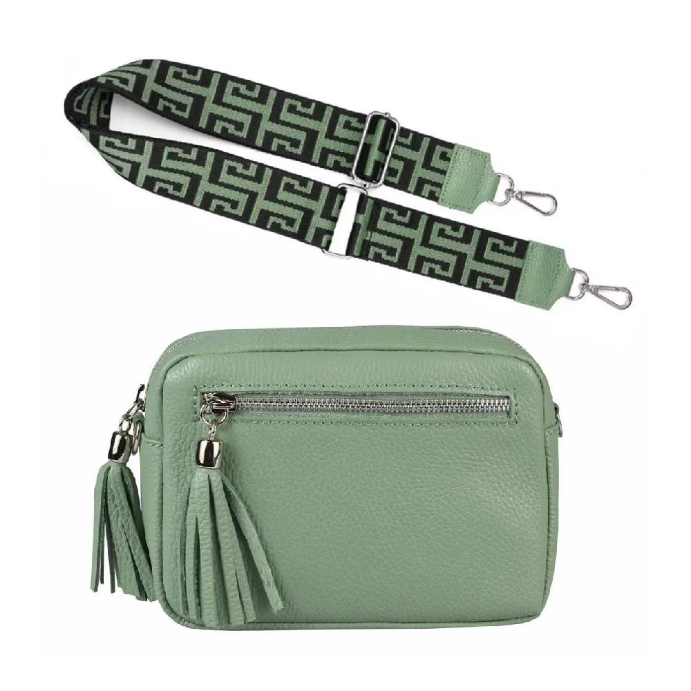 OBC Made in Italy DAMEN LEDER TASCHE mit extra breitem Zusatz Tragegurt Umhängetasche Schultertasche Beuteltasche Cross-Over Cross Bag Glattleder Schmucktasche Fransen Ledertasche Letzte 3 Tage