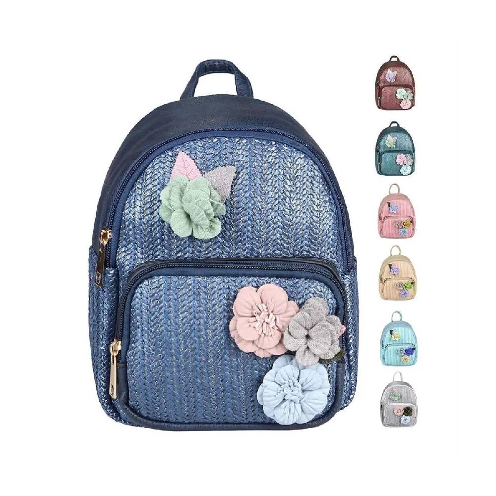 ital-design DAMEN BLUMEN MINI-RUCKSACK Backpack Tasche Daypack Cityrucksack Leder Optik Schultertasche Flechtoptik Stadtrucksack
