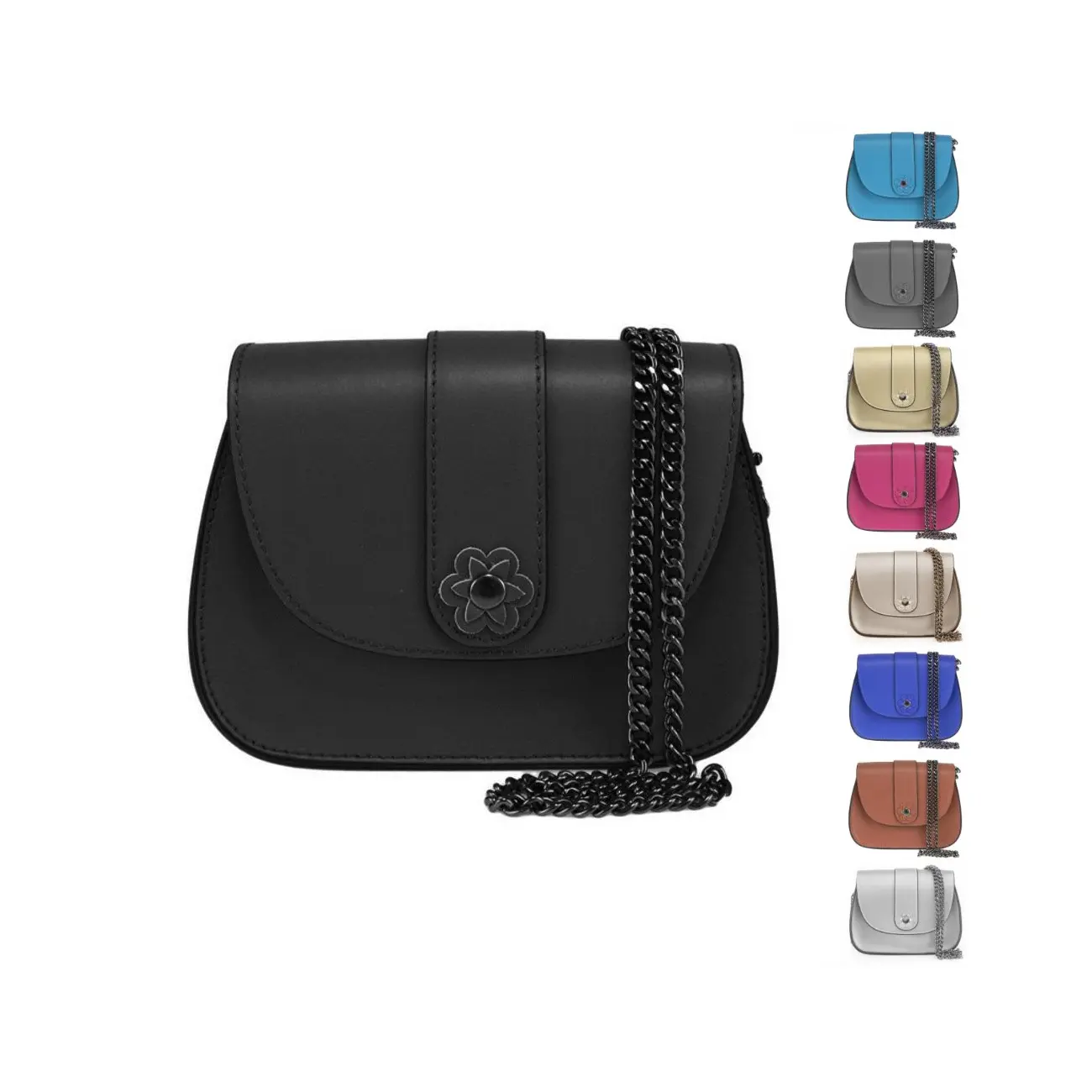 Made in Italy DAMEN LEDER TASCHE Clutch mit BLUME Applikation & Kette Umhängetasche Ledertasche Schultertasche Cross-Over Schmucktasche Nieten Messenger Bag