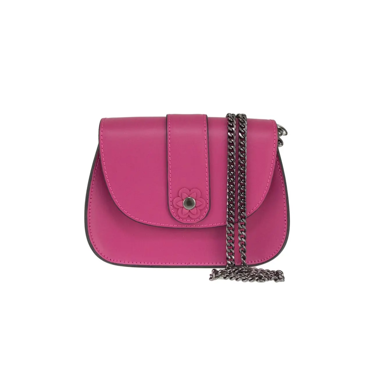 Made in Italy DAMEN LEDER TASCHE Clutch mit BLUME Applikation & Kette Umhängetasche Ledertasche Schultertasche Cross-Over Schmucktasche Nieten Messenger Bag Outlet