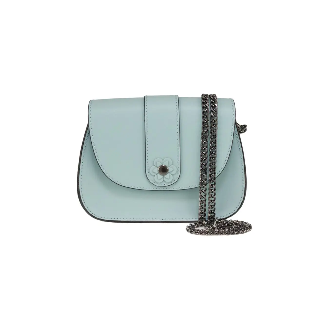 Made in Italy DAMEN LEDER TASCHE Clutch mit BLUME Applikation & Kette Umhängetasche Ledertasche Schultertasche Cross-Over Schmucktasche Nieten Messenger Bag Outlet