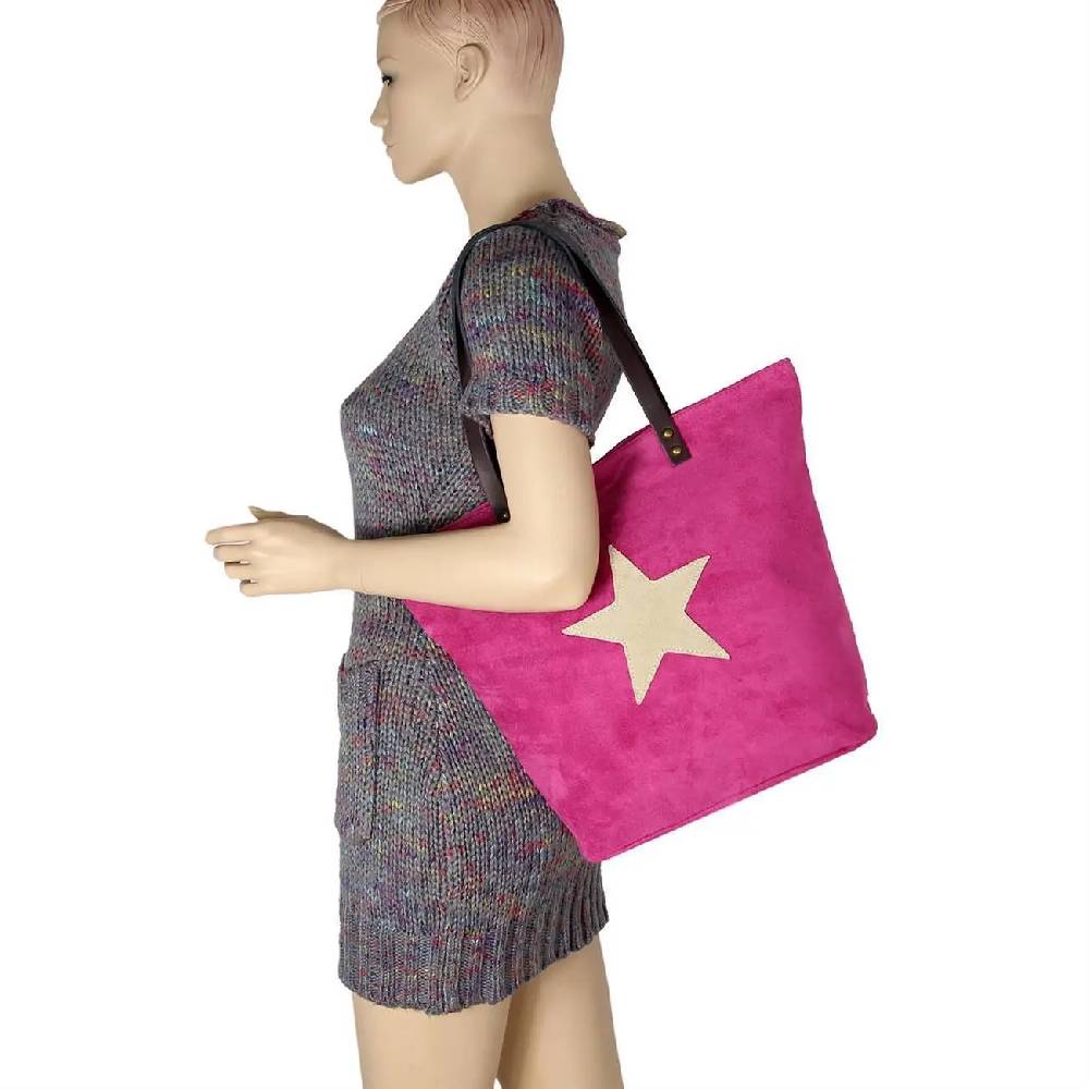 OBC Made in Italy Damen Tasche Leder Velourleder Wildleder Stern Shopper Schultertasche Umhängetasche Blitzverkäufe