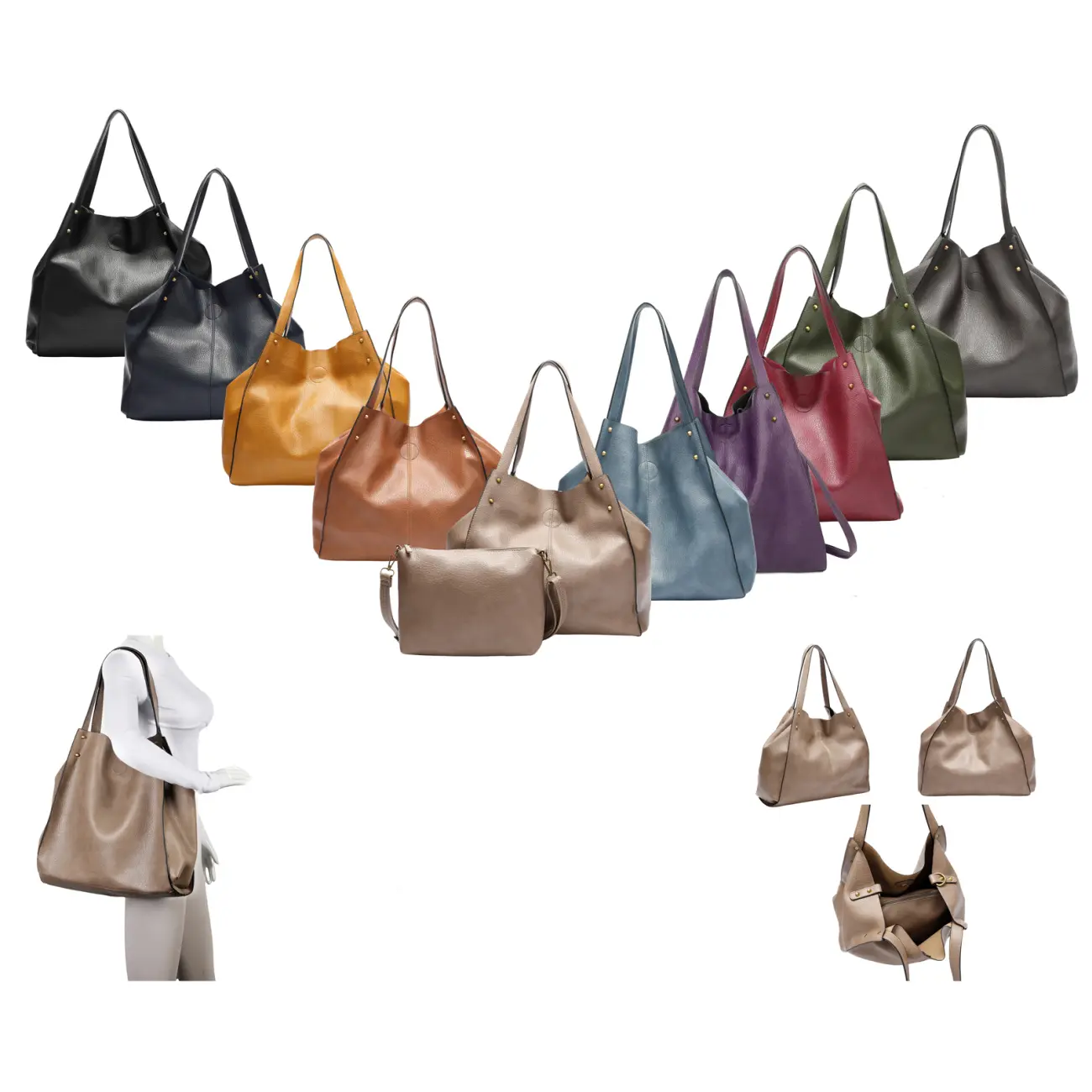 OBC DAMEN TASCHE XXL SET 2in1 Shopper Handtasche Hobo Bag Schultertasche Cross Over Body Bag Umhängetasche Crossbody Beuteltasche Leder Optik DIN-A4 Nieten