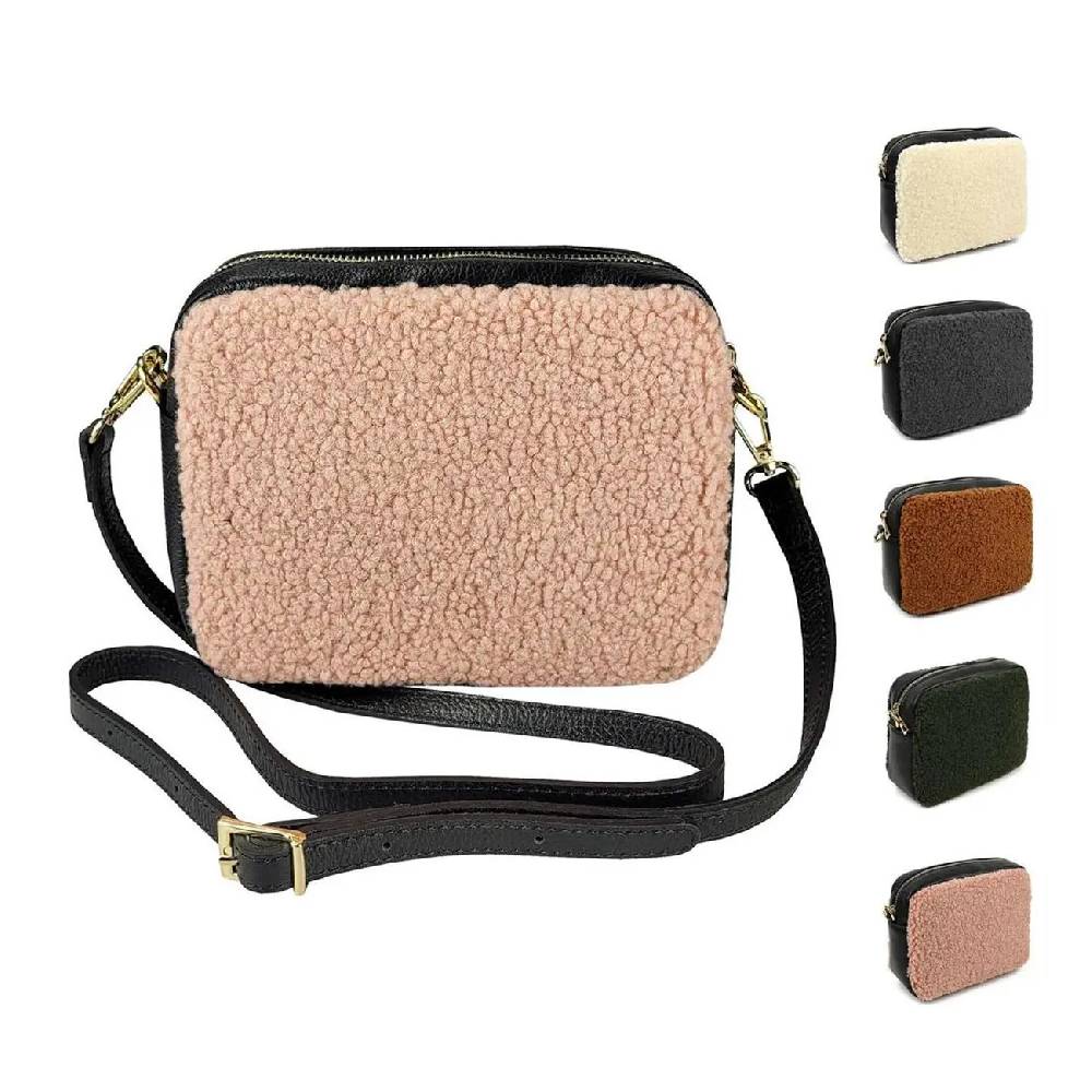 OBC Made in Italy Damen Teddy Tasche Schultertasche Pelz Bodybag Ledertasche Umhängetasche Kunstfell Crossover Damentasche Crossbody Plüsch Felltasche Wintertasche