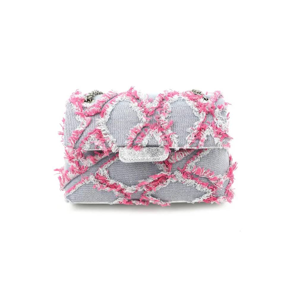 OBC MADE IN ITALY Damen Vintage Jeans Denim Leder Tasche Kettengriff Umhängetasche Clutch Jeanstasche Schultertasche Umhängetasche gesteppte Used Look Cross Over Body Bag Hotsell