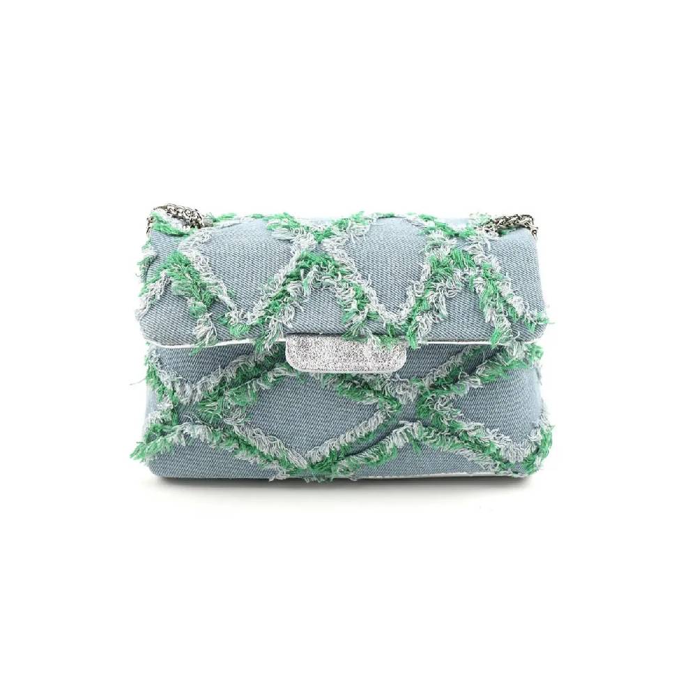 OBC MADE IN ITALY Damen Vintage Jeans Denim Leder Tasche Kettengriff Umhängetasche Clutch Jeanstasche Schultertasche Umhängetasche gesteppte Used Look Cross Over Body Bag Hotsell