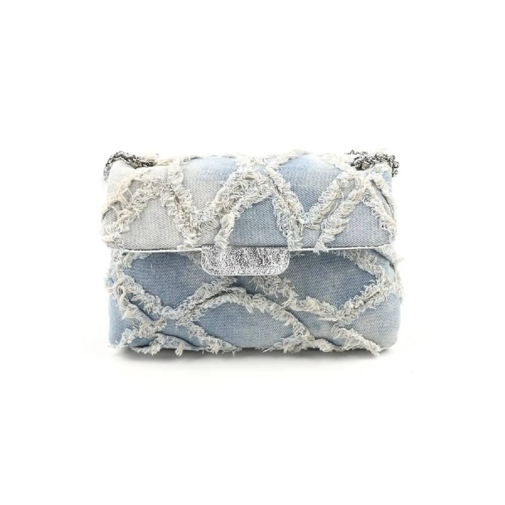 OBC MADE IN ITALY Damen Vintage Jeans Denim Leder Tasche Kettengriff Umhängetasche Clutch Jeanstasche Schultertasche Umhängetasche gesteppte Used Look Cross Over Body Bag Hotsell