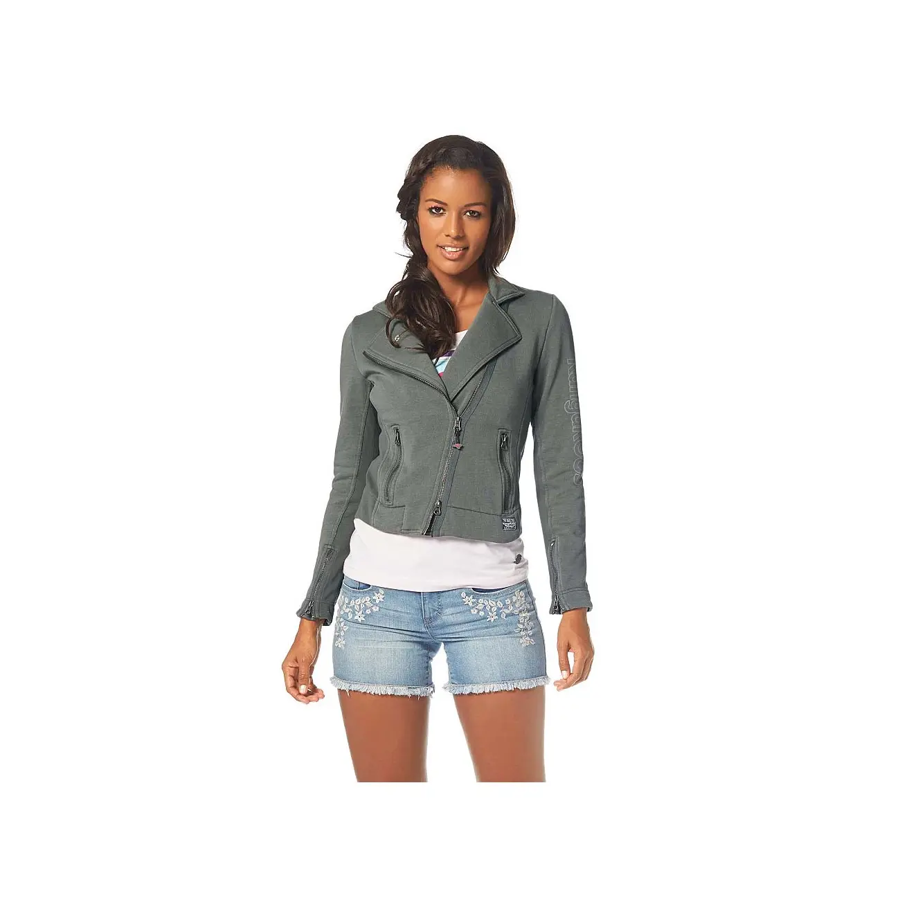Damen Bikerjacke KangaROOS lässige sportliche Jacke Biker Style Sweatjacke FRÜHLING SOMMER Jacket Kurz Fashion Khaki