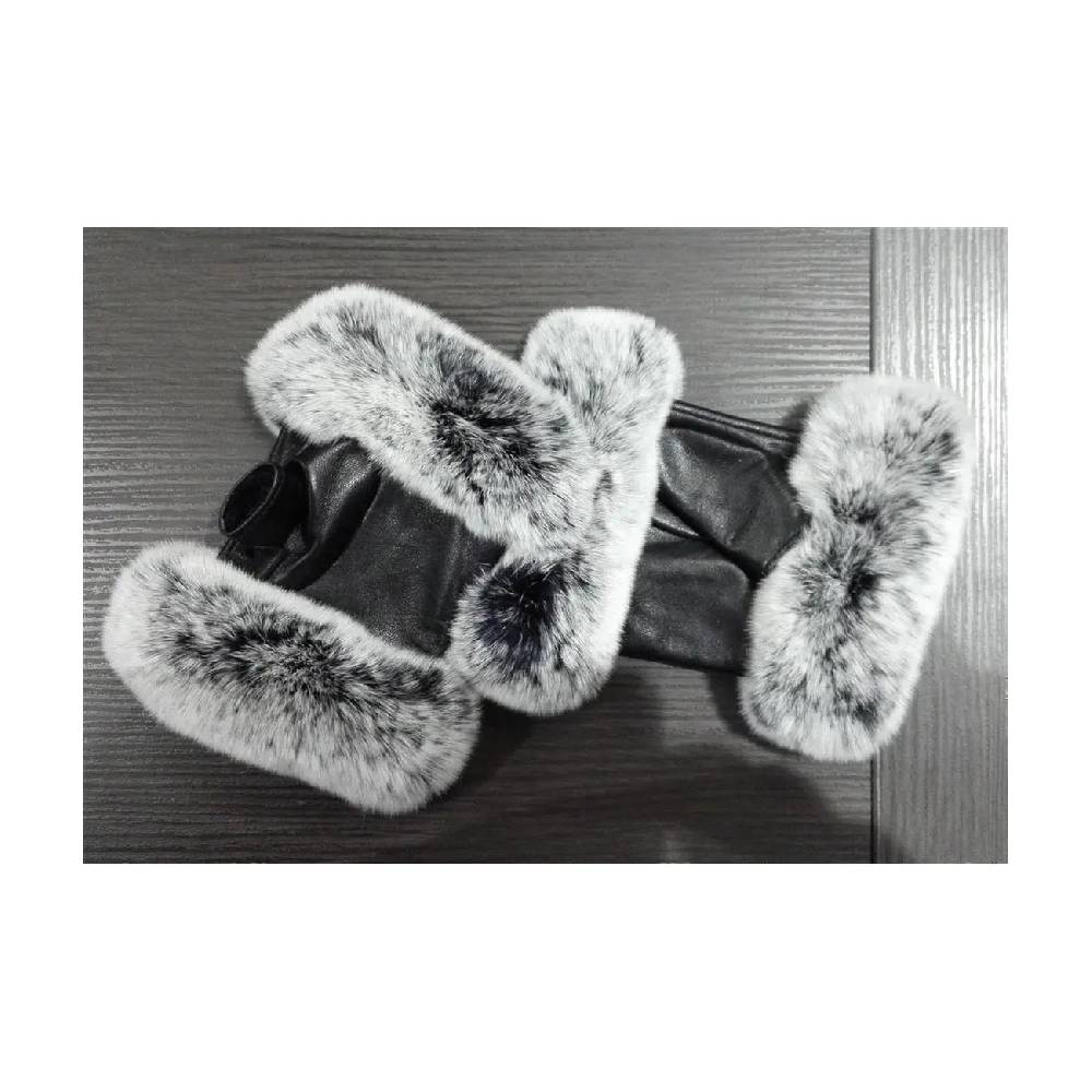OBC DAMEN warme Handschuhe echt LEDER echt FELL Kaninfell Kaninchen Winter & Herbst Winterhandschuhe flauschig schwarz weiß grau XL