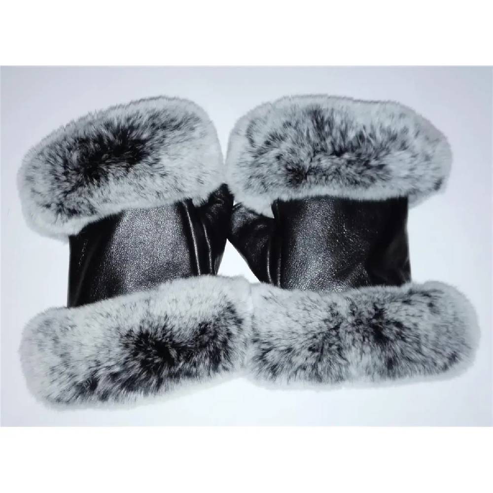 OBC DAMEN warme Handschuhe echt LEDER echt FELL Kaninfell Kaninchen Winter & Herbst Winterhandschuhe flauschig schwarz weiß grau XL Auslauf