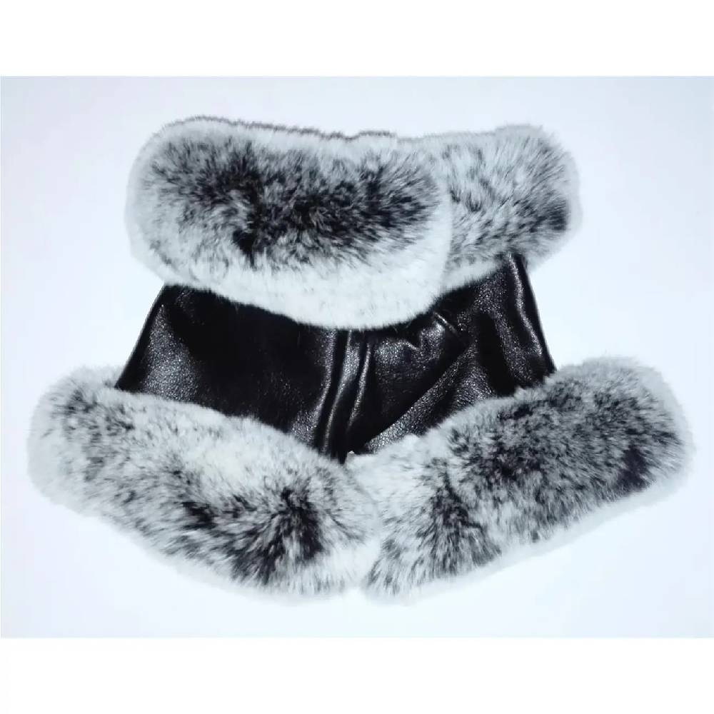 OBC DAMEN warme Handschuhe echt LEDER echt FELL Kaninfell Kaninchen Winter & Herbst Winterhandschuhe flauschig schwarz weiß grau XL Auslauf