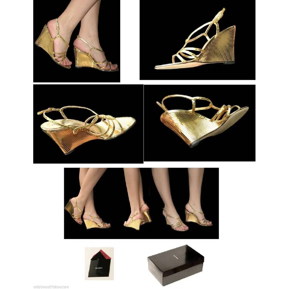 Dolce & Gabbana D&G HIGH HEELS Keil Sandalette Wedges Lederschuhe Schuhe Gold Angebote