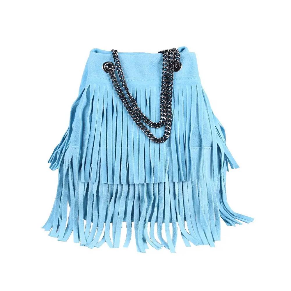 Made in Italy Damen Leder Tasche Fransen Shopper Kettentasche Beutel Wildleder Handtasche Umhängetasche Bucket Bag Schultertasche Ledertasche TR977 Verkauf