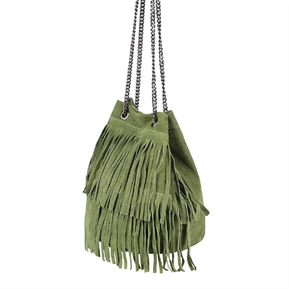 Made in Italy Damen Leder Tasche Fransen Shopper Kettentasche Beutel Wildleder Handtasche Umhängetasche Bucket Bag Schultertasche Ledertasche TR977 Verkauf