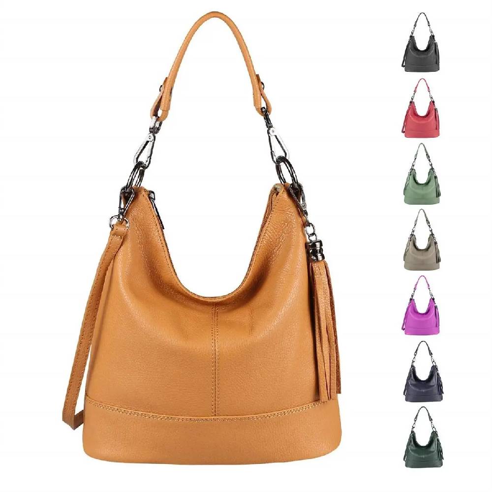 OBC Made in Italy Damen Leder Tasche Umhängetasche Shopper Schultertasche Handtasche Crossbody Hobo Bag Crossover Ledertasche Damentasche Fransen