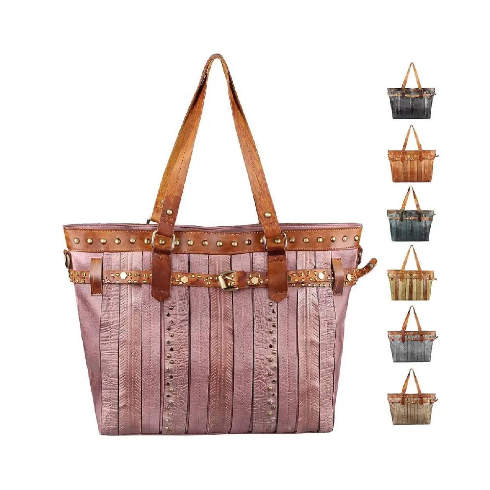 DAMEN TASCHE DIN-A4 Shopper Tote Bag Henkeltasche Handtasche Leder Optik Umhängetasche Schultertasche Beuteltasche Nietentasche