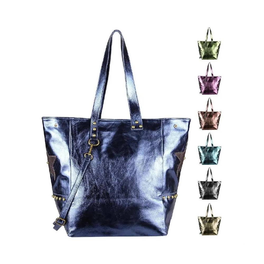 ITAL DAMEN Echt LEDER TASCHE Tote Bag Metallic Schultertasche DIN-A4 Shopper Handtasche Umhängetasche Crossbody Henkeltasche Beuteltasche Stern Nieten
