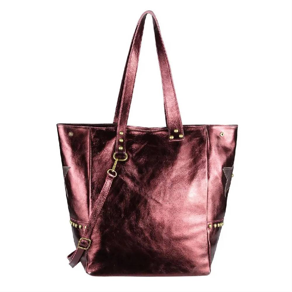 ITAL DAMEN Echt LEDER TASCHE Tote Bag Metallic Schultertasche DIN-A4 Shopper Handtasche Umhängetasche Crossbody Henkeltasche Beuteltasche Stern Nieten Online