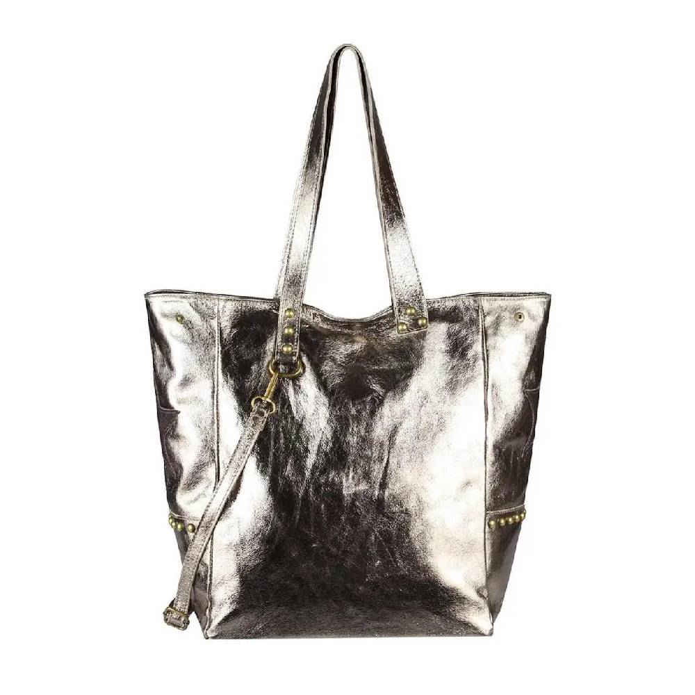 ITAL DAMEN Echt LEDER TASCHE Tote Bag Metallic Schultertasche DIN-A4 Shopper Handtasche Umhängetasche Crossbody Henkeltasche Beuteltasche Stern Nieten Online
