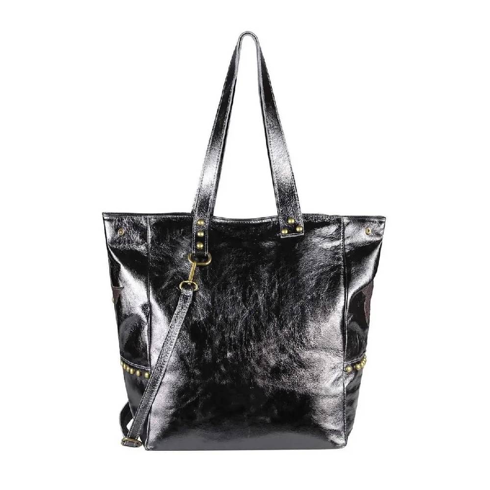 ITAL DAMEN Echt LEDER TASCHE Tote Bag Metallic Schultertasche DIN-A4 Shopper Handtasche Umhängetasche Crossbody Henkeltasche Beuteltasche Stern Nieten Online