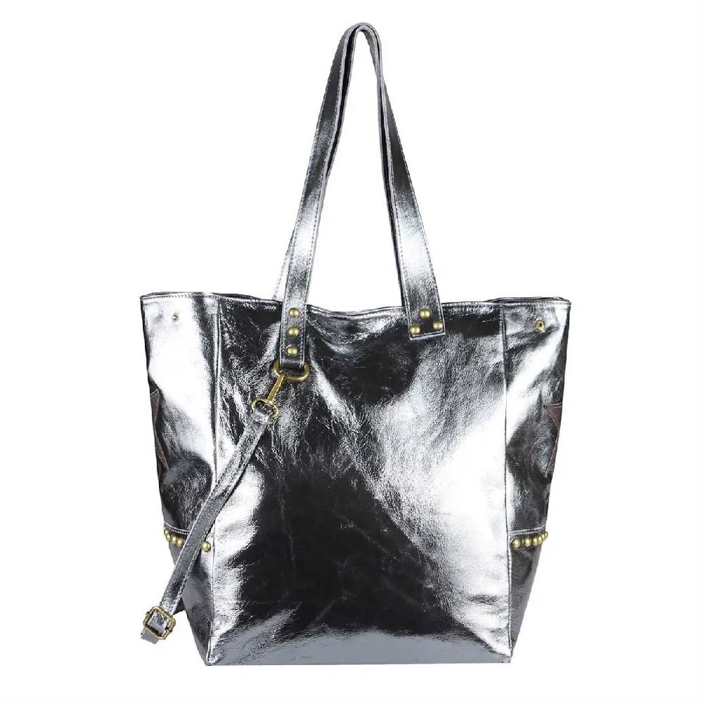 ITAL DAMEN Echt LEDER TASCHE Tote Bag Metallic Schultertasche DIN-A4 Shopper Handtasche Umhängetasche Crossbody Henkeltasche Beuteltasche Stern Nieten Online