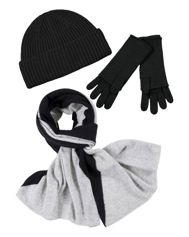 Loevenich Kaschmir-Mütze, Handschuh + Schal mit geometrischem Muster - Schwarz