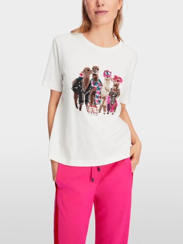 Marc Cain Baumwoll-T-Shirt mit Lama-Gang-Motiv Begrenztes Angebot