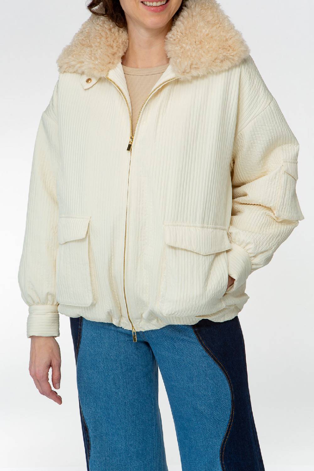 IVI GmbH OUTERWEAR Pilotenjacke mit Fake-Fur Kragen creme-weiß Schlussverkauf