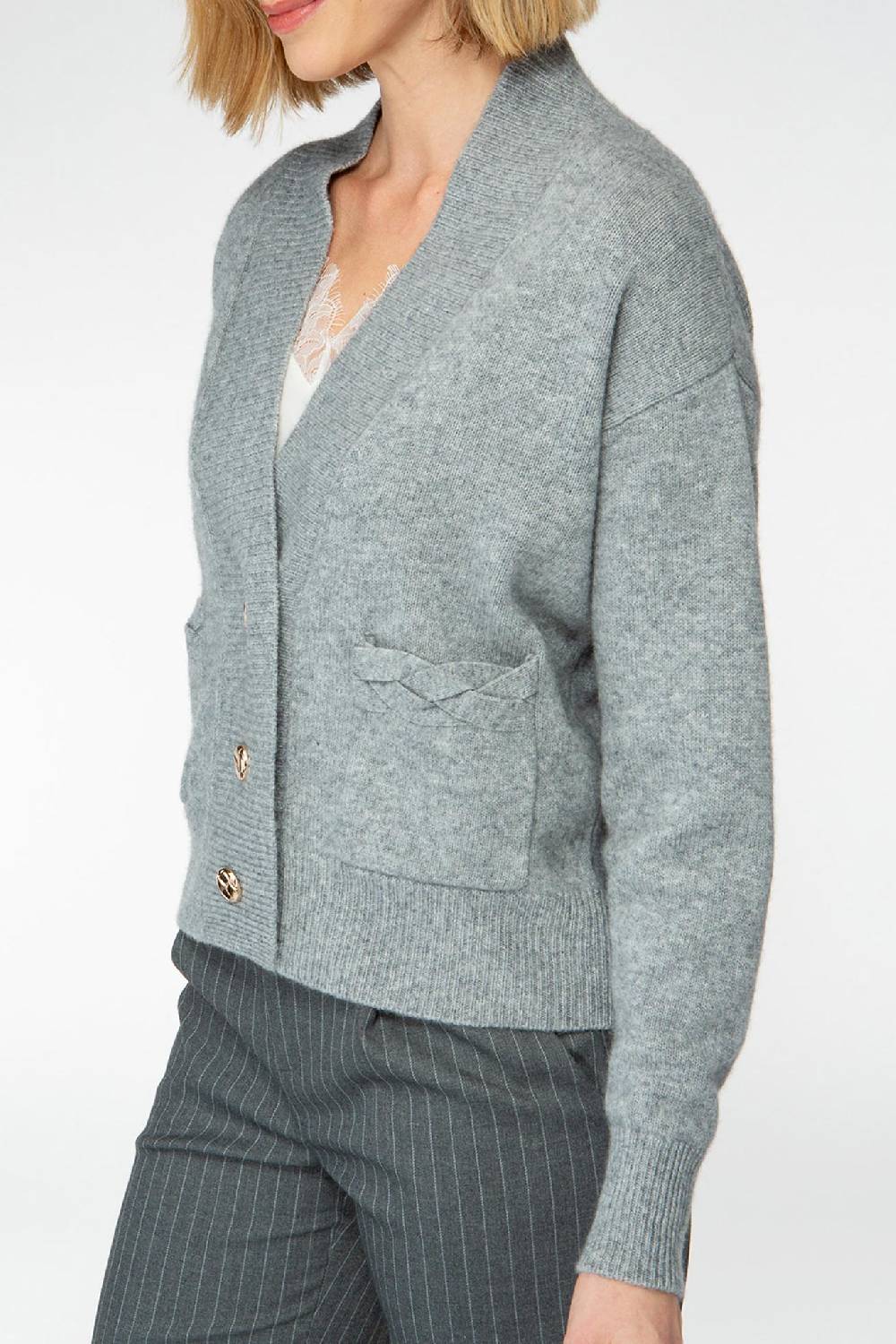 IVI GmbH SOLID KNIT Cardigan mit aufgesetzten Taschen grau-melange Günstiger Verkauf