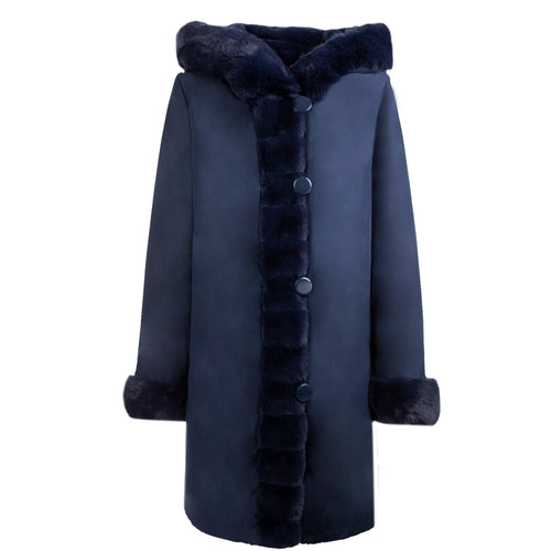 Petite M. Wendemantel mit Kapuze in Kunstfell und Microfaser, Farbe Blau Schlussverkauf