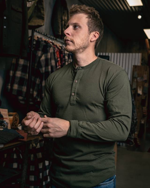 Pike Brothers 1927 Henley Shirt long sleeve Mojave green Outlet