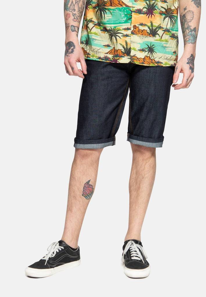 Queen Kerosin Denim Shorts mit Pintstripe Stitching «50s Workwear» Verkauf