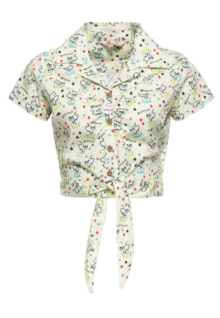 Queen Kerosin Hawaiibluse «Retro Cats» im Angebot