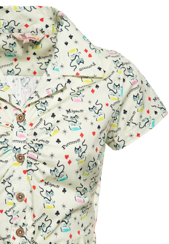 Queen Kerosin Hawaiibluse «Retro Cats» im Angebot