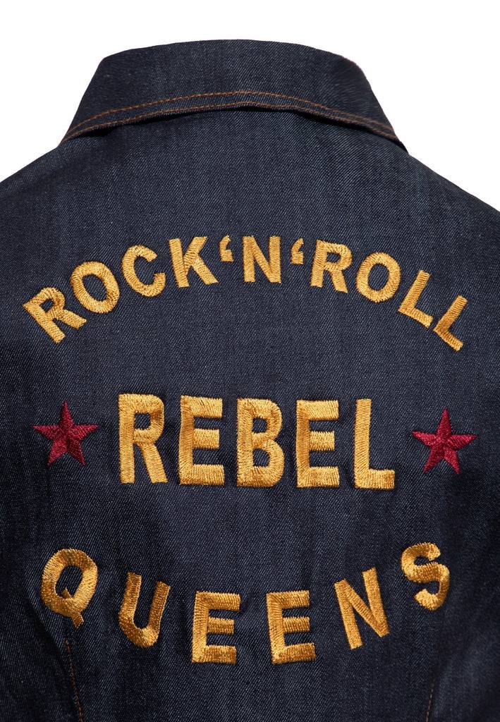 Queen Kerosin Denim Etuikleid «Rock'N'Roll Rebel Queens» im Angebot