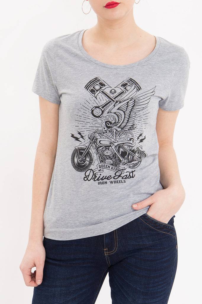 Queen Kerosin Melange Shirt aus Melange Jersey mit Front Motiv «Drive Fast» Verkauf