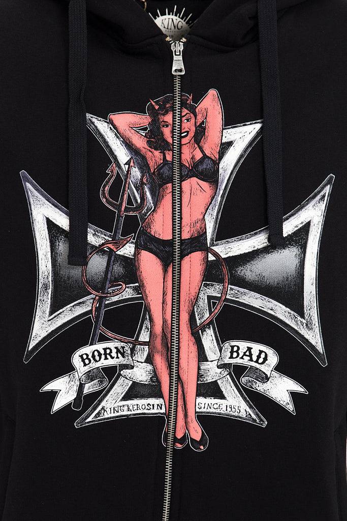 Queen Kerosin Kapuzensweatjacke mit Front Print «Born Bad» Weihnachtsangebot
