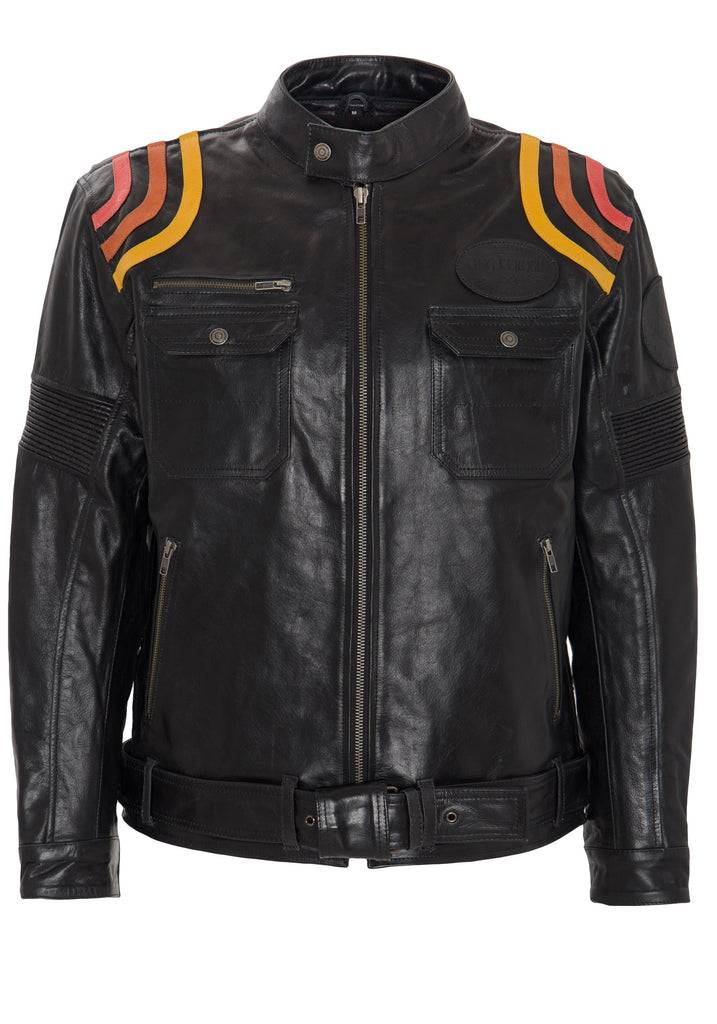 Queen Kerosin Lederjacke Print und Racer-Streifen «Cafe Racer» Kauf eins, bekomm eins gratis