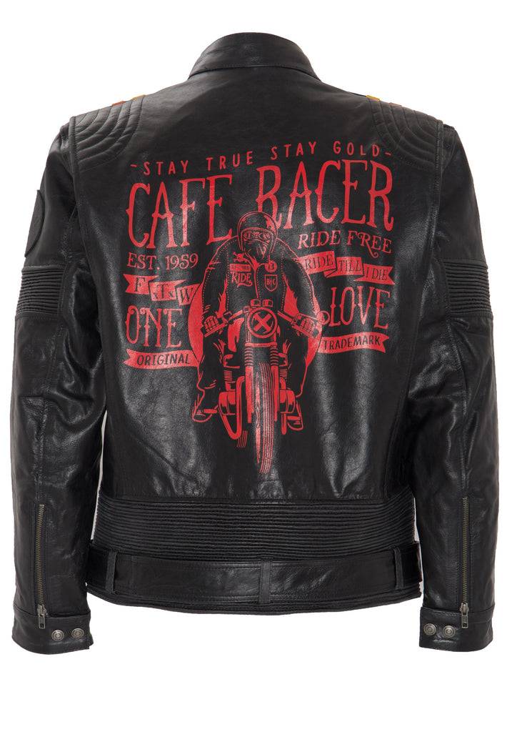 Queen Kerosin Lederjacke Print und Racer-Streifen «Cafe Racer» Kauf eins, bekomm eins gratis