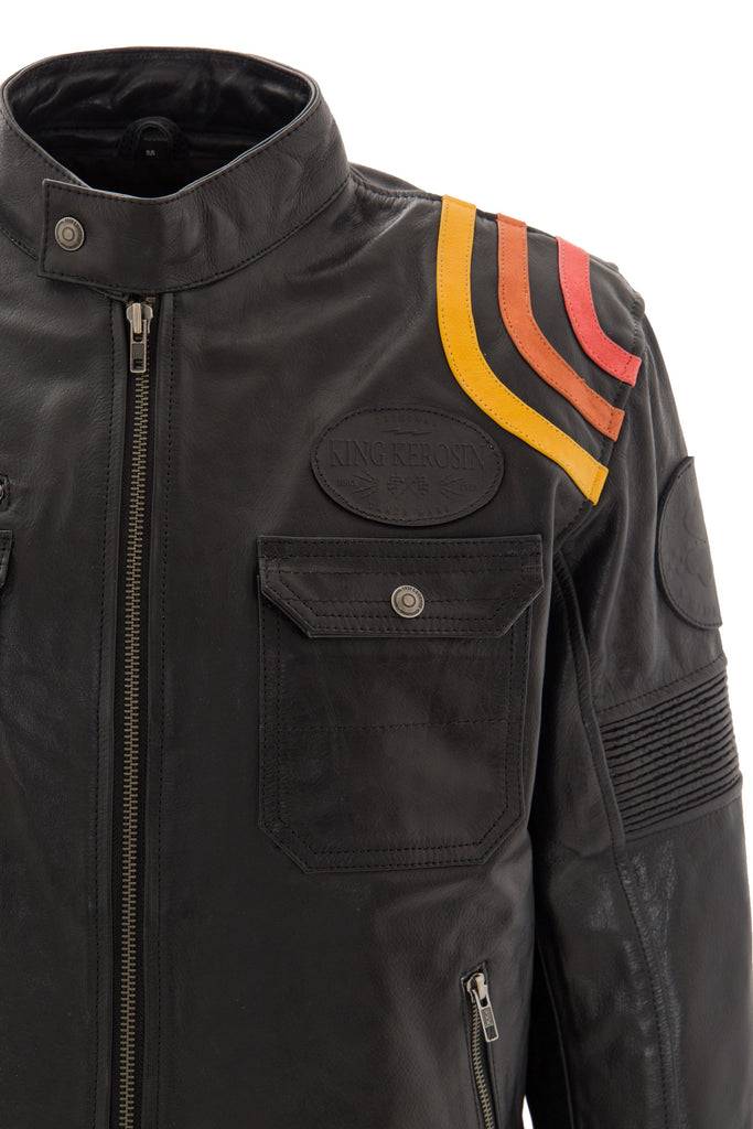 Queen Kerosin Lederjacke Print und Racer-Streifen «Cafe Racer» Kauf eins, bekomm eins gratis